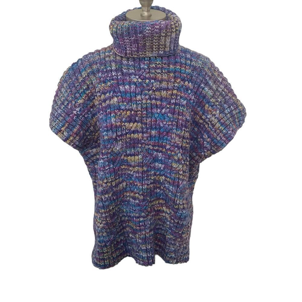 Handknit Handmade Turtleneck Sweater Short Sleeve Boxy Fit Purple Marled Size XL
